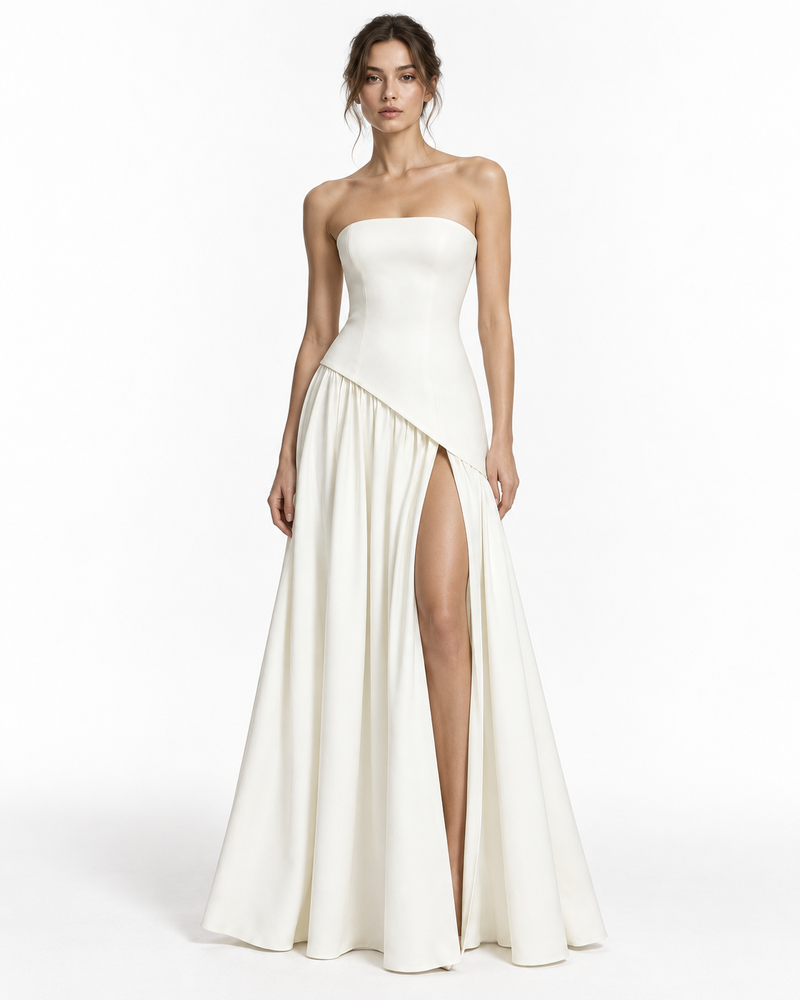 Women's White Strapless Asymmetrical High-Slit Maxi Dress