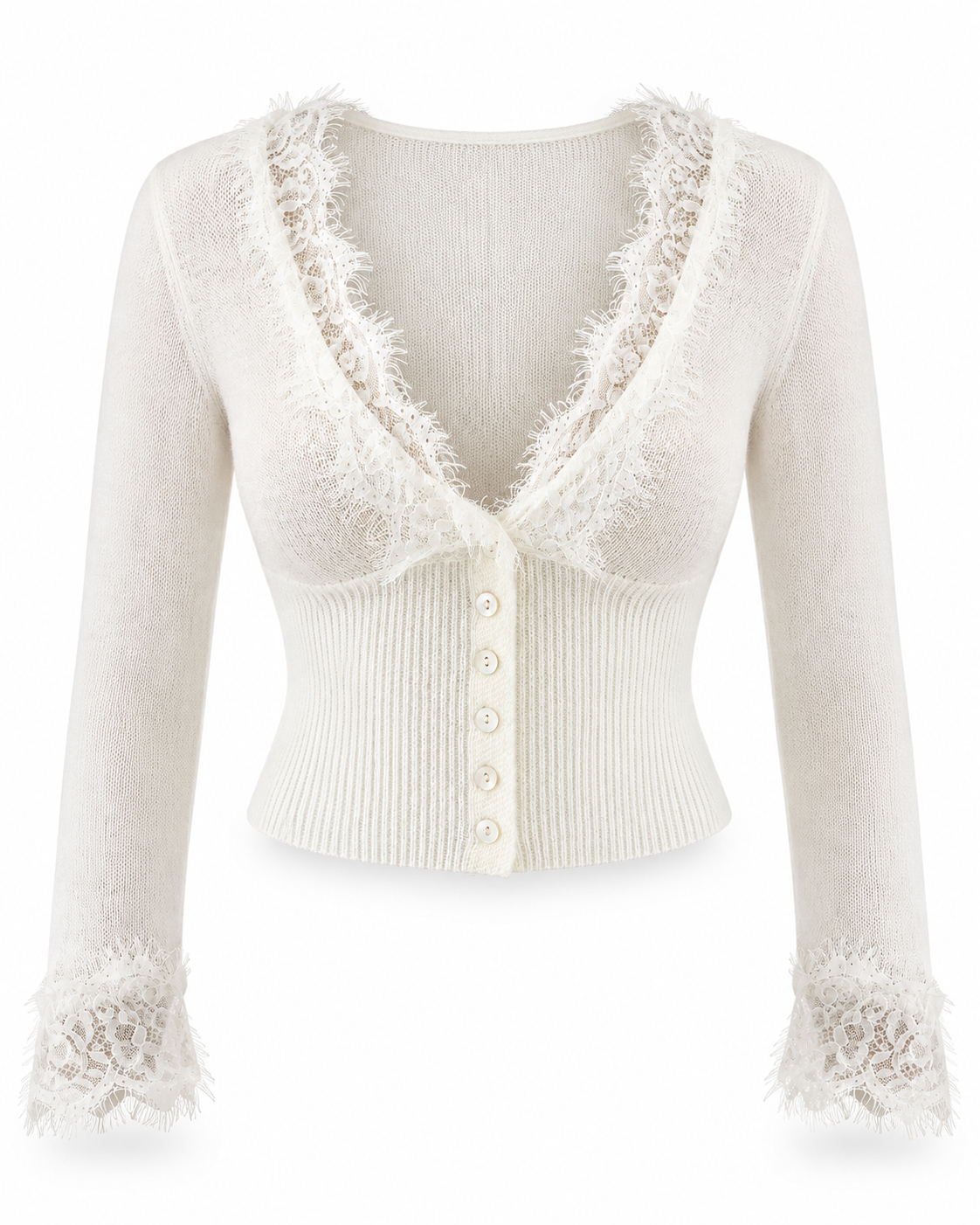 Ivory Lace Trim Deep V-Neck Cropped Knit Cardigan