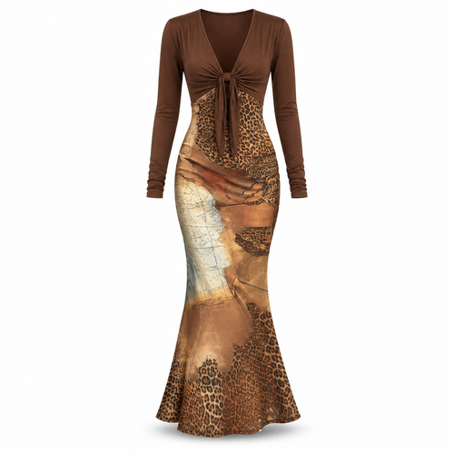 Women's Brown Tie-Front Printed Long Sleeve Maxi Dress