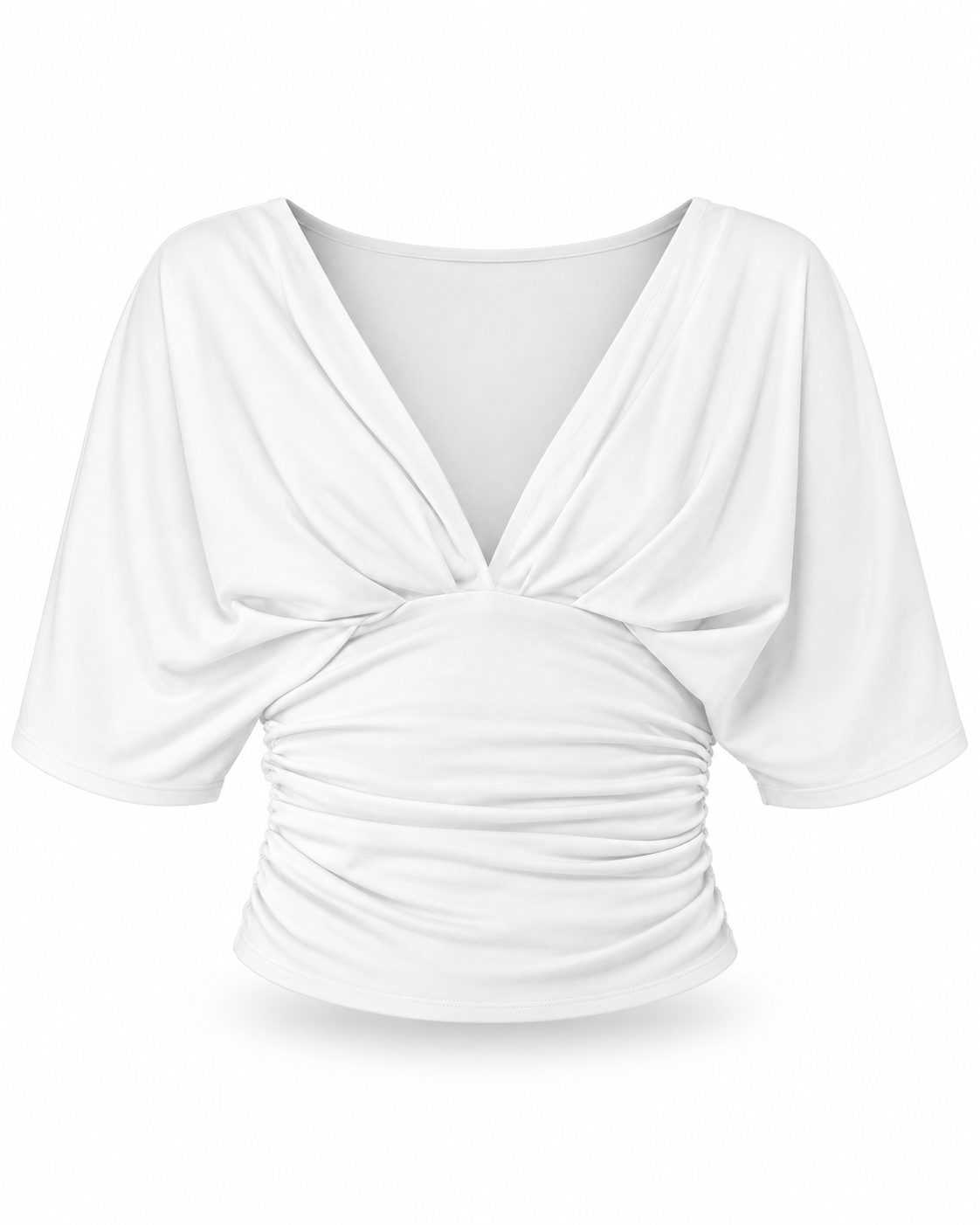 White Deep V-Neck Ruched Draped Sleeve Top