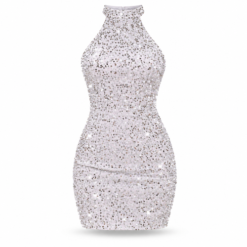 White Sequin Halter Neck Bodycon Mini Dress