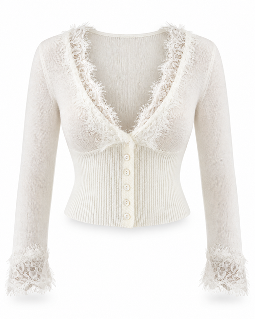 Ivory Lace Trim Deep V-Neck Cropped Knit Cardigan