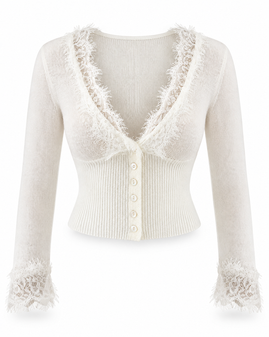 Ivory Lace Trim Deep V-Neck Cropped Knit Cardigan