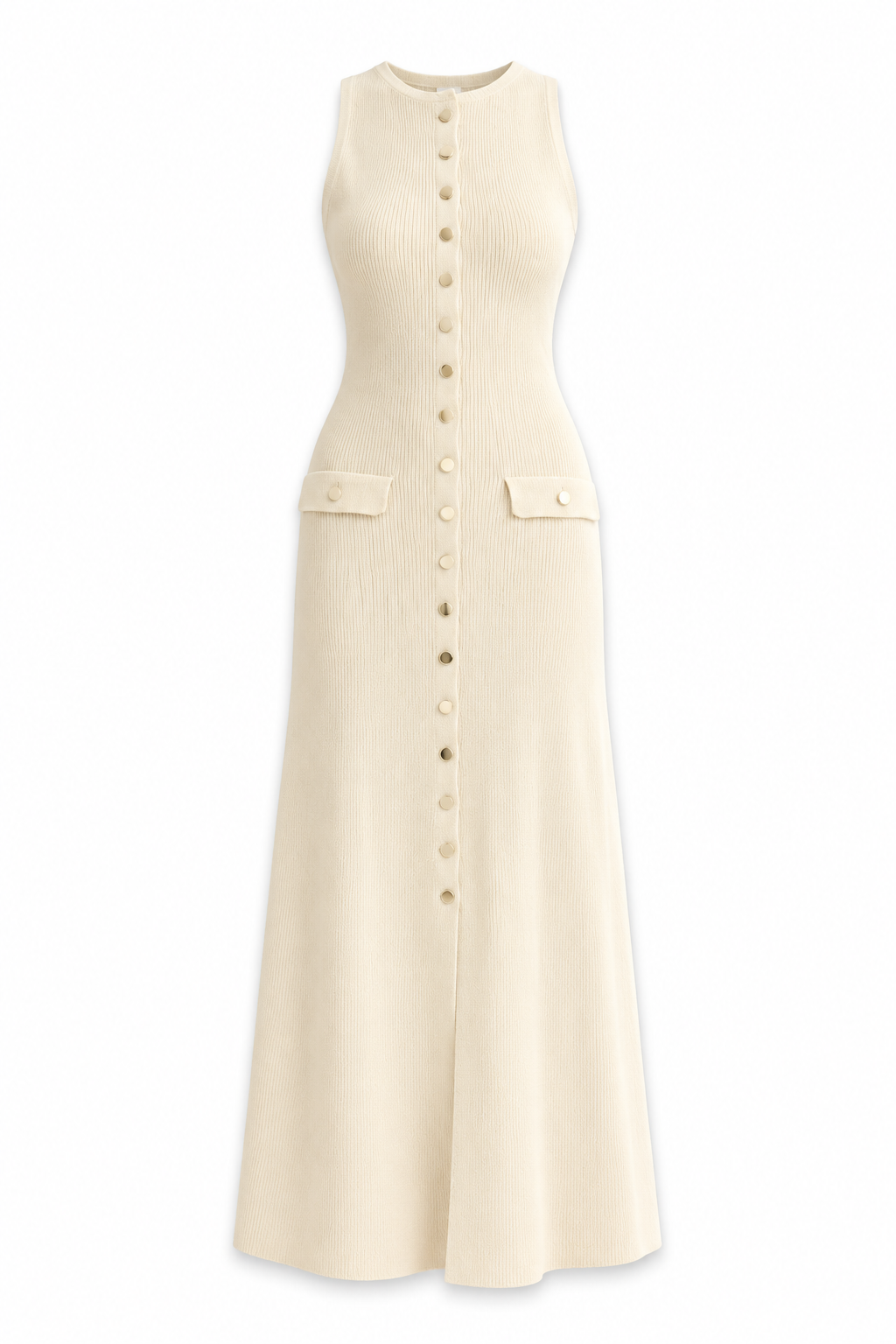Apricot Sleeveless Button-Front Ribbed Knit Maxi Dress