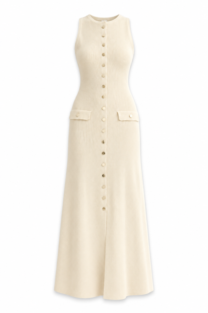 Apricot Sleeveless Button-Front Ribbed Knit Maxi Dress
