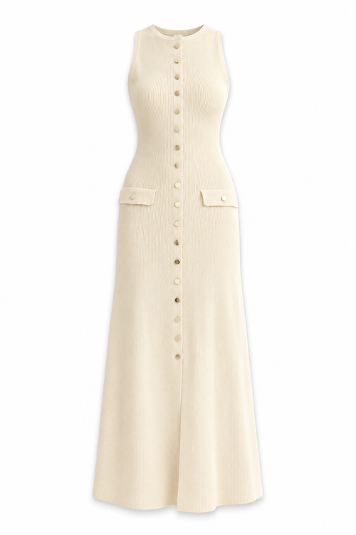 Apricot Sleeveless Button-Front Ribbed Knit Maxi Dress