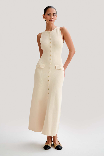 Apricot Sleeveless Button-Front Ribbed Knit Maxi Dress